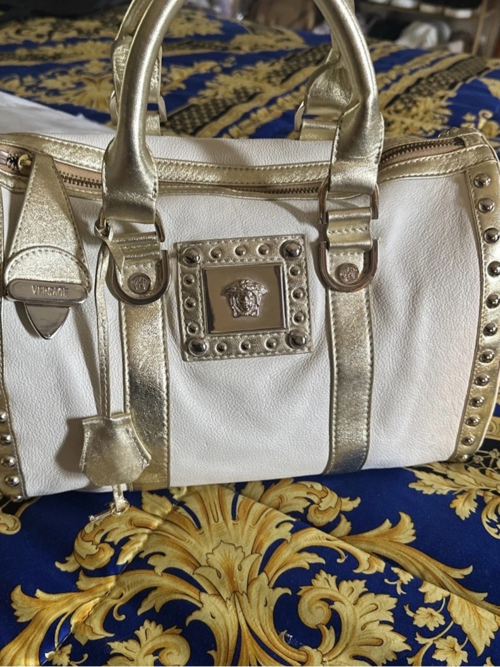Versace White and Gold Leather Satchel